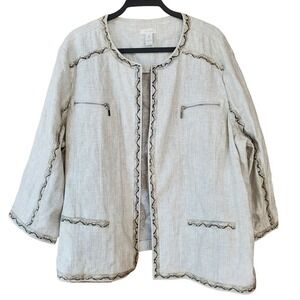 Chico's Linen Blend Animal Print Trim Open Front Blazer Jacket Size XL